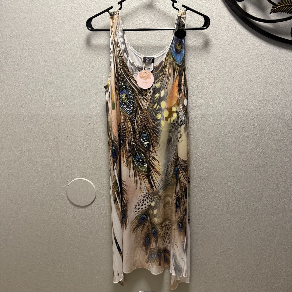 Jostar Sz M Tan Multicolor Rhinestone Studded‎ Peacock Polyester Spandex Dress